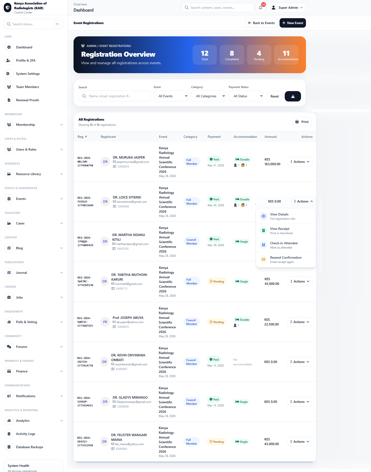 Events Registrations interface